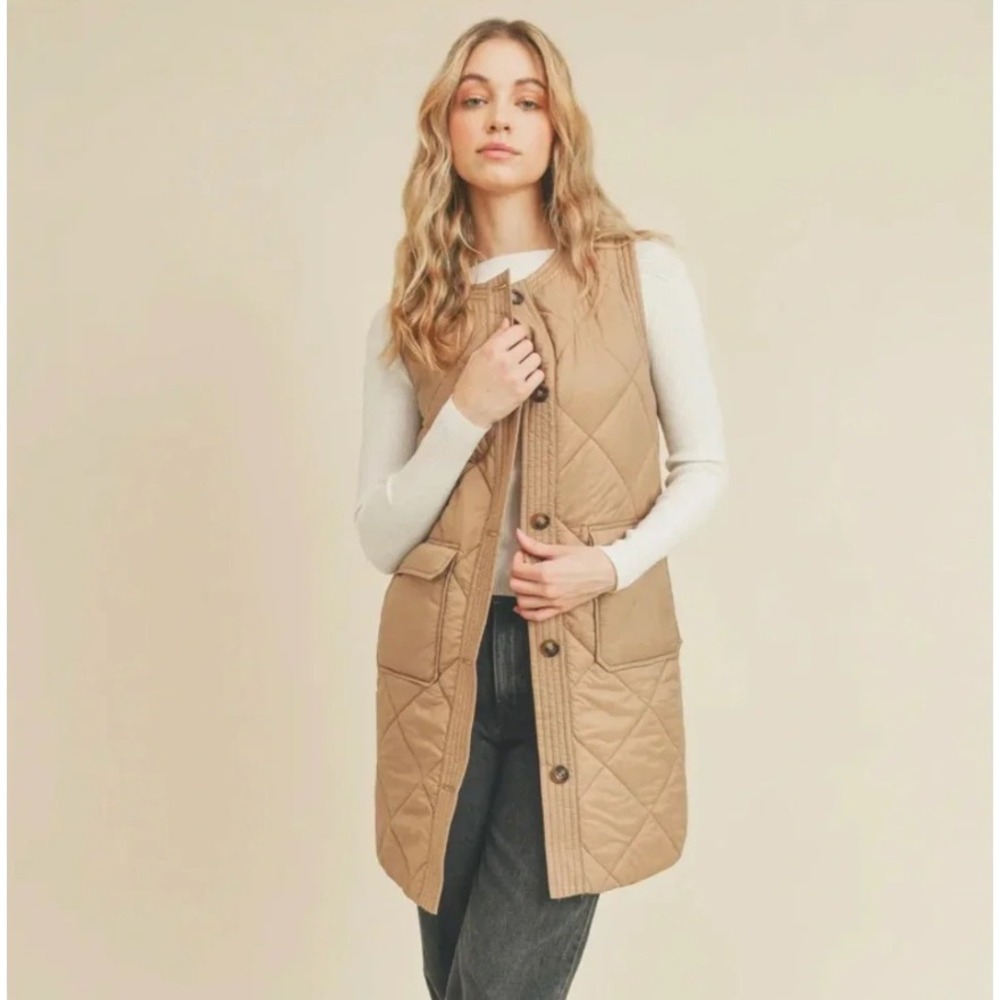 Paper Crane Diamond Quilted Long Vest Gilet Women Size S Taupe Brown Nylon